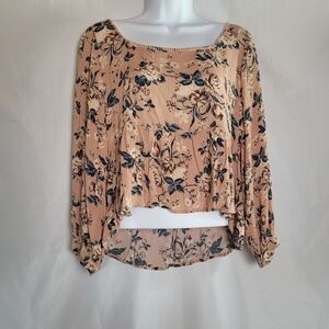 American Eagle Tan Floral 3/4 Sleeve Cropped Blouse Square Neck Women's Size L